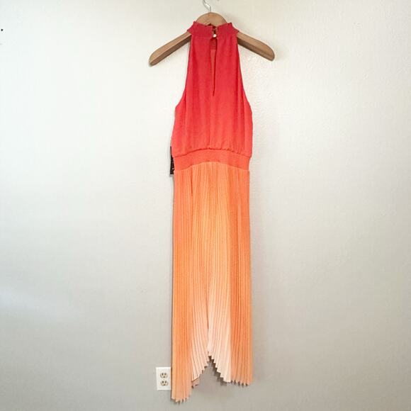 WHBM Orange Ombre Halter Pleated Shark-bite Midi Dress women’s size 6 NEW - Picture 7 of 12